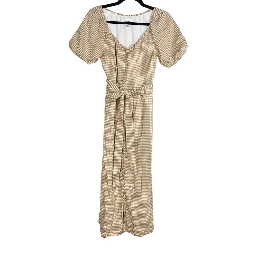 Reformation XS Tan Natural Roland Dress Anzo Check Gingham Midi Button Front